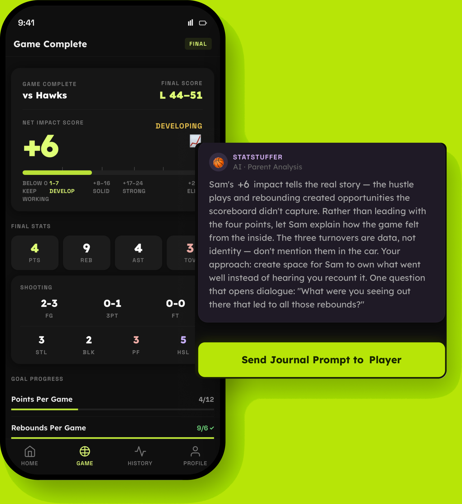 Game Complete screen with StatStuffer's parent analysis and a Send Journal Prompt to Player button
